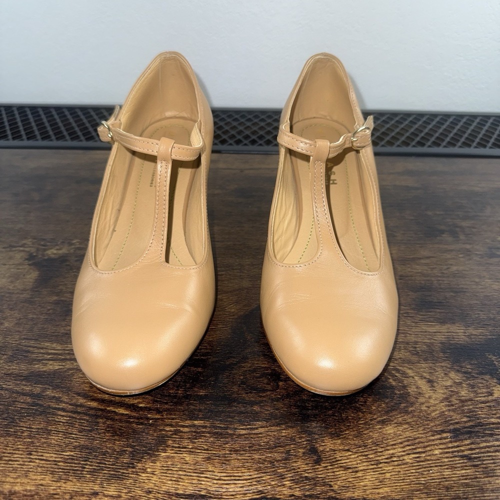 MIUMMASH Women's Tan 3" Leather Heel T Strap Size 37 Hard Sole Rubber Bottom - Picture 3 of 8
